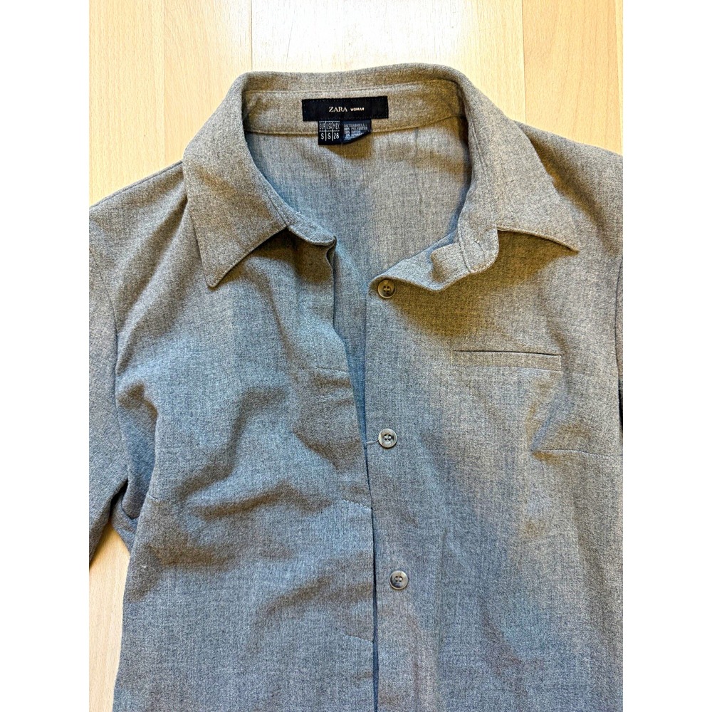 ZARA Women's S Gray Solid Woven Button-Up Shirt Point Collar 3/4 Sleeve